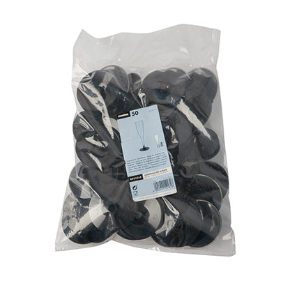 En genomskinlig plastpåse innehåller 50 Starpak svarta PS-underdelar (Ø 6,55 cm, höjd 2,05 cm) för stjälkglas. Etiketten visar ett glas med underdel samt produkt- och mängdinformation.