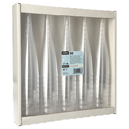 En förpackning med 50 Starpak stjälkglas för champagne (PS, 0,1 l, Ø 5 cm, 17,5 cm) presenteras i ett papptråg med genomskinlig framsida och synlig mittenetikett i glasklar design.