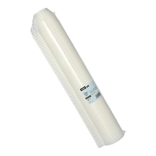 Avbildad är en stapel av 60 vita Starpak kaffekoppar (PS, 0,18 l, Ø7,8 cm, 6 cm) insvepta i krympplast med en produktetikett som visar detaljer och mängd mot vit bakgrund.