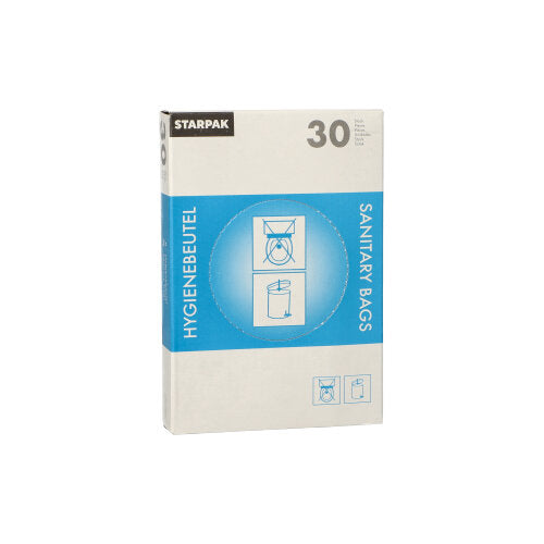 Starpak-dispenserkartongen innehåller 30 vita hygienpåsar (28,5 x 8 x 7 cm) med blå-vit förpackning, texten "HYGIENEBEUTEL" och "SANITARY BAGS", med instruktioner och soptunnebilder på framsidan.