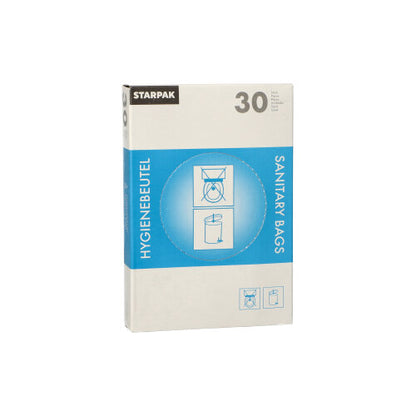 Starpak-dispenserkartongen innehåller 30 vita hygienpåsar (28,5 x 8 x 7 cm) med blå-vit förpackning, texten "HYGIENEBEUTEL" och "SANITARY BAGS", med instruktioner och soptunnebilder på framsidan.