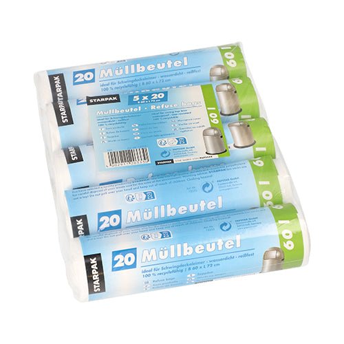 Starpak 100 soppåsar, HDPE 60L (72x60 cm) i vit folie, med tysk produktbeskrivning och bilder av en soptunna på förpackningen – perfekt för hushållet.