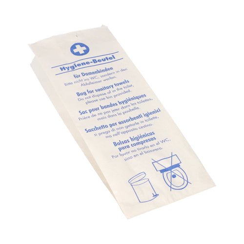 Den PAPSTAR hygienpåsen (28x11x5,5 cm, vit, tryckt) från PAPSTAR GmbH är försedd med blå, flerspråkig text och hygienillustrationer för bortskaffande av damhygienartiklar, med ett blått medicinskt kors i övre kanten. Levereras i 200-pack krympfolie.