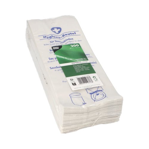 En hög med PAPSTAR hygienpåsar 28x11x5,5 cm, vit, tryckt (200 stycken) från PAPSTAR GmbH levereras i genomskinlig plast med blå-grön text och illustrerade instruktioner för hygienisk bortskaffande.