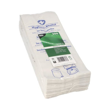En hög med PAPSTAR hygienpåsar 28x11x5,5 cm, vit, tryckt (200 stycken) från PAPSTAR GmbH levereras i genomskinlig plast med blå-grön text och illustrerade instruktioner för hygienisk bortskaffande.