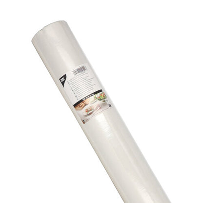 En rulle PAPSTAR pappersduk med damastprägling 50 m x 1 m från PAPSTAR GmbH, insvept med en etikett med produktdetaljer, elegant damastprägling och festliga matbilder för speciella tillfällen.