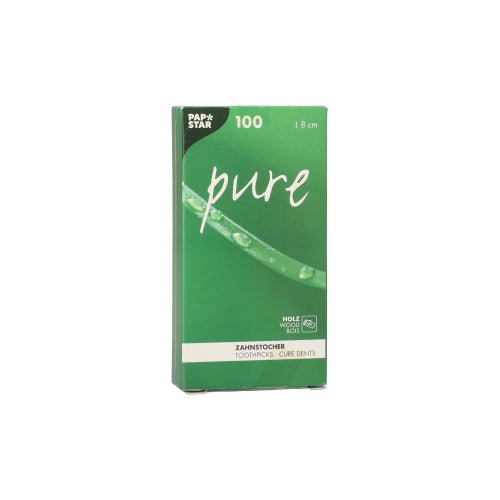 En grön låda från PAPSTAR GmbH med texten "pure" innehåller 100 runda trä-tandpetare (8 cm) i en miljövänlig kartong med blad- och vattendroppsmotiv samt tysk och engelsk text. Produkt: PAPSTAR tandpetare "pure" av trä, 8 cm.