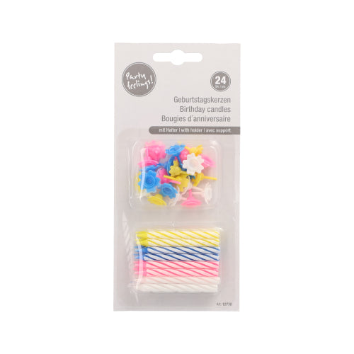 PAPSTAR GmbH Geburtstagskerzen, 6 cm, farbig sortiert im 24er-Blister mit Haltern in Blütenform; Verpackung mehrsprachig (Deutsch, Englisch, Französisch).