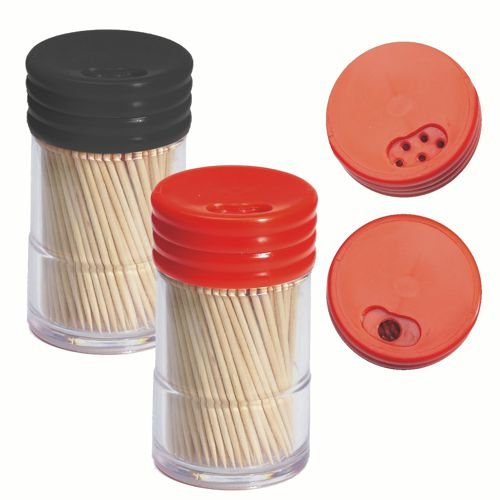 Två genomskinliga plastdispenser från PAPSTAR tandpetare av trä, rund, 6,5 cm (260 stycken) från PAPSTAR GmbH - med svart och röd vridlock. Närbilder visar hålen i den röda dispenser-vridlocket för utdelning av tandpetare.