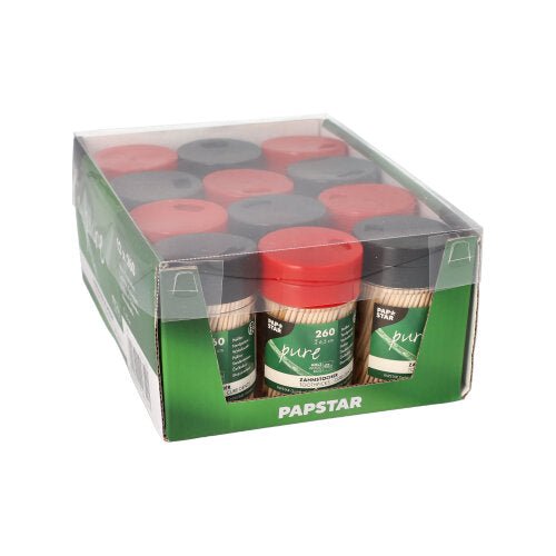 En låda PAPSTAR tandpetare av trä, rund (6,5 cm) från PAPSTAR GmbH innehåller 260 tandpetare i praktiska dispenserburkar med vridlock, grön och vit etikett och delvis klar plastförpackning.