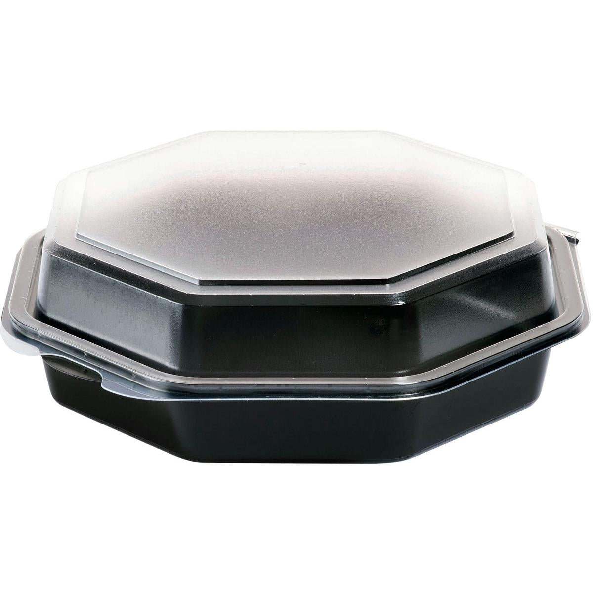 En stängd Octaview® PS Svart/Transparent 190x190x60 mm Takeout-box från Duni GmbH med ett klart, åttkantigt lock är fotograferad mot en vit bakgrund - perfekt för presentation av produkter. Förpackning med 270 stycken.