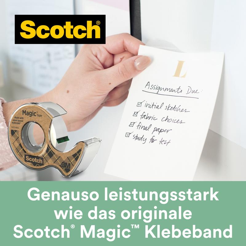 En hand fäster en lapp "Assignments Due" med Scotch® Magic™-tejpen (66 % växtbaserat lim, dispenser av återvunnet material, 19 mm x 20 m) från 3M Deutschland GmbH - hållbart och pålitligt.