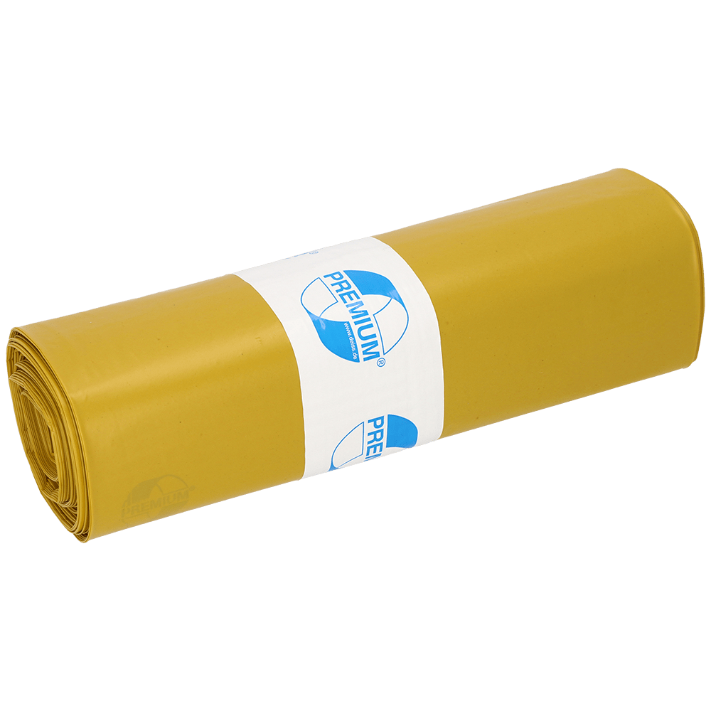 En rulle EMIL DEISS KG (GmbH + Co.) DEISS 13004 soppåsar (700x1100x0,07 mm, gul, 25 stycken) är försedda med en vit etikett med blå text och logotyp. Den enkla vita bakgrunden framhäver dessa påsar för enkel avfallshantering.