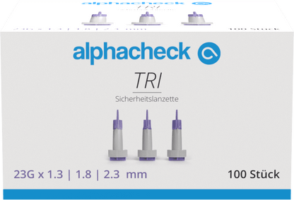 Alphacheck TRI säkerhetslansetter 23G | Förpackning (100 stycken)