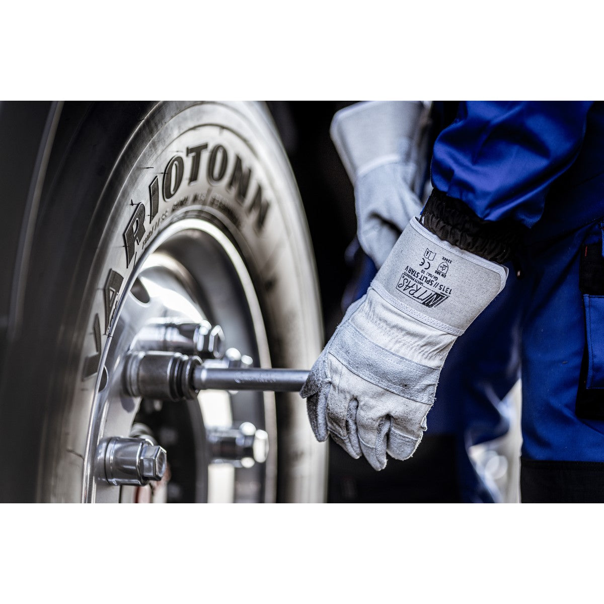 NITRAS SPLIT STAR V, läderhandskar i kosplit, naturlig färg / grå, EN 388 bomull | Förpackning (12 par)