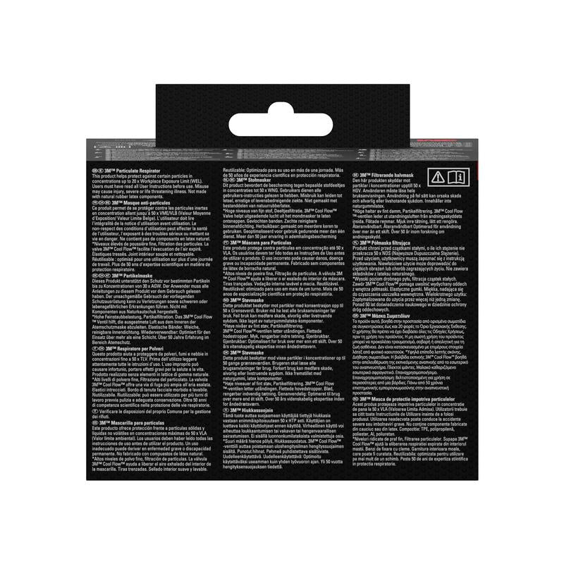 3M™ Cool Flow™ partikelfiltermask 8822, FFP2, med ventil från 3M Deutschland GmbH kommer i en svart förpackning med vit, flerspråkig instruktion, en upphängningsflik på toppen och två rödmarkerade varningssymboler i det övre högra hörnet.