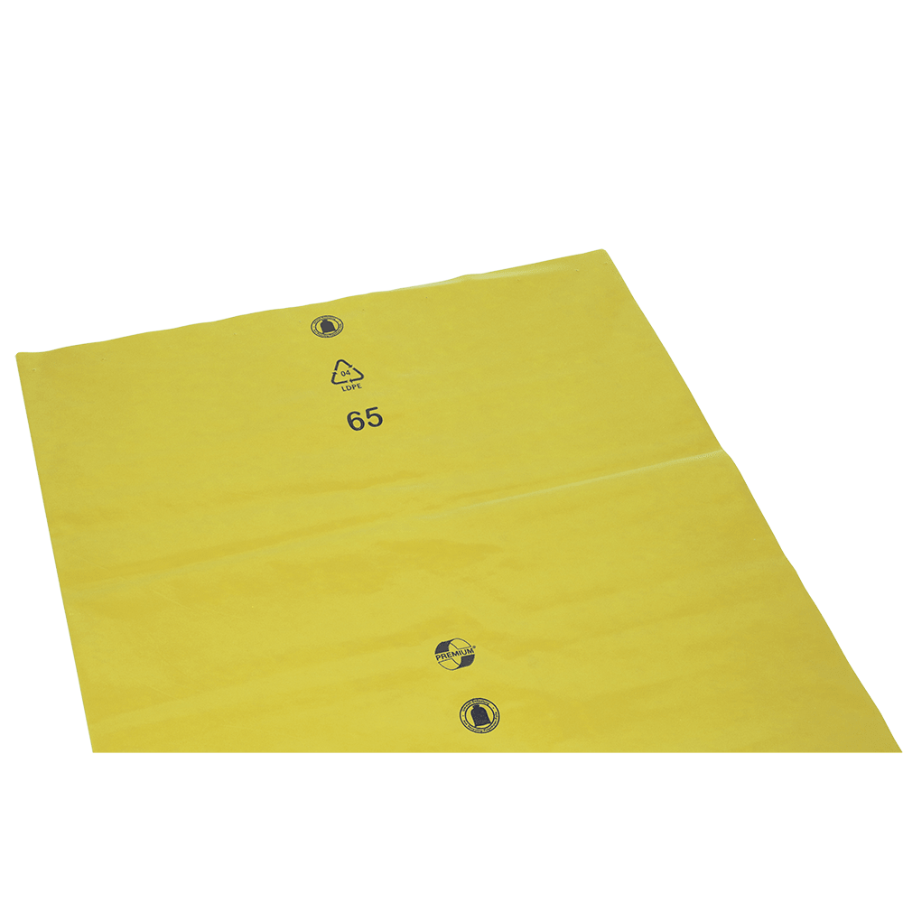 DEISS soppåsar lösa 575x1000x0,01 mm av LDPE 70 l från EMIL DEISS KG (GmbH + Co.) är platta gula LDPE-plastpåsar med en återvinningssymbol, siffran 65 och två svarta symboler på vit bakgrund.