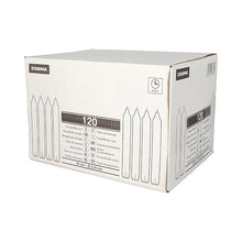 Eine weiße Starpak-Box mit der Aufschrift „Starpak 120 Haushaltskerzen mit Dornloch Ø 2,45 cm · 20 cm weiss“ enthält 120 lange Haushaltskerzen, ist mit schwarzem Text, Kerzenstrichzeichnungen, Dornloch für Halter und Produktabmessungen versehen.