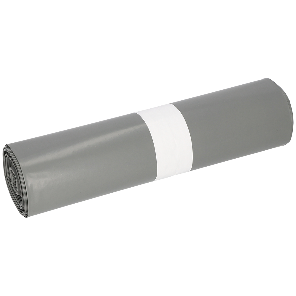 Eine Rolle der EMIL DEISS KG (GmbH + Co.) DEISS 14005 - 700x1100x0,06 mm grau Müllsäcke (25 Stück) mit weißem Papierband liegt auf weißem Hintergrund-perfekt für Verpackung und Versand dank robuster Folienrolle.