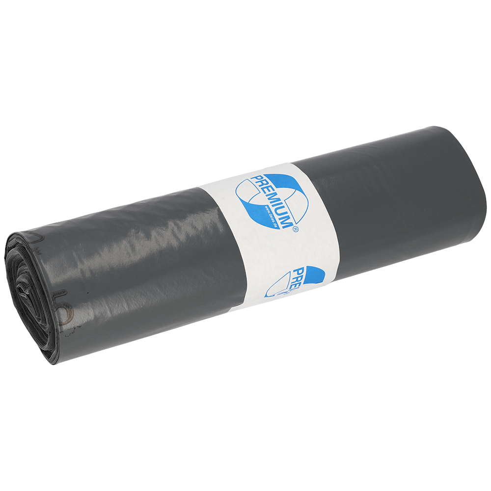 En rulle EMIL DEISS KG (GmbH + Co.) DEISS 14007 - 700x1100x0,07 mm gråa soppåsar (25 stycken), förpackade i en vit papperetikett med blå skrift och grafik, visas på en enfärgad vit bakgrund.