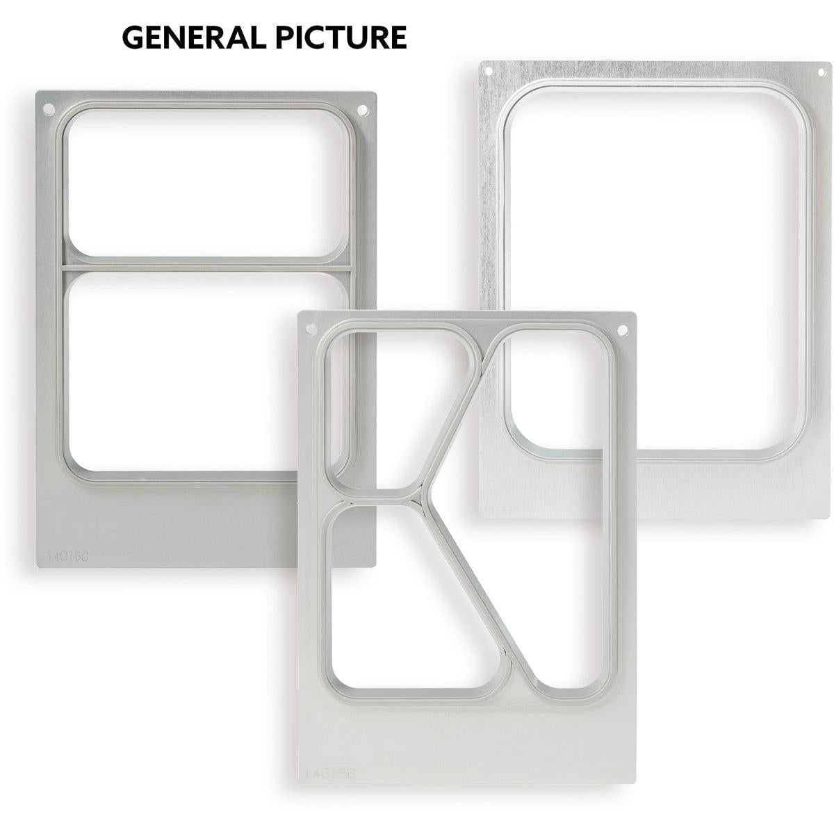 Avbildade är tre rektangulära metallplattor med utskärningar på vit bakgrund, märkta med "GENERAL PICTURE" - idealiska för användning som kassett DF10/20 för PP-skålar 220/140 ml - användbar på två sätt från Duni GmbH (förpackning, 1 styck).