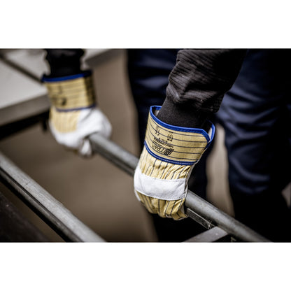 NITRAS POSEIDON, handskar av nötskinn, gul/blå ränder/grå, EN 388 bomull | Förpackning (12 par)