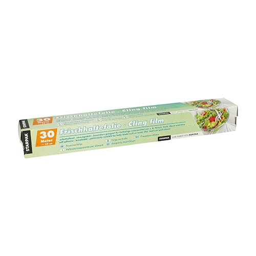 Avbildad är en Starpak-vikbox med 30 m x 29 cm plastfolie i grön-gul förpackning, med texten "rivstark" på svenska och engelska och en salladsbild på höger sida.