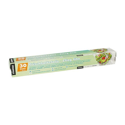 Avbildad är en Starpak-vikbox med 30 m x 29 cm plastfolie i grön-gul förpackning, med texten "rivstark" på svenska och engelska och en salladsbild på höger sida.