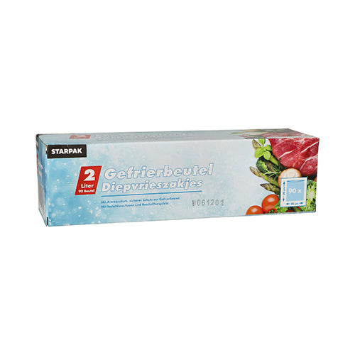 Eine rechteckige Starpak-Box enthält 90 transparente 2-Liter-LLDPE-Gefrierbeutel (30 x 20 cm) mit deutschem und niederländischem Text sowie Bildern von Gemüse und Fleisch in einem Faltkarton.