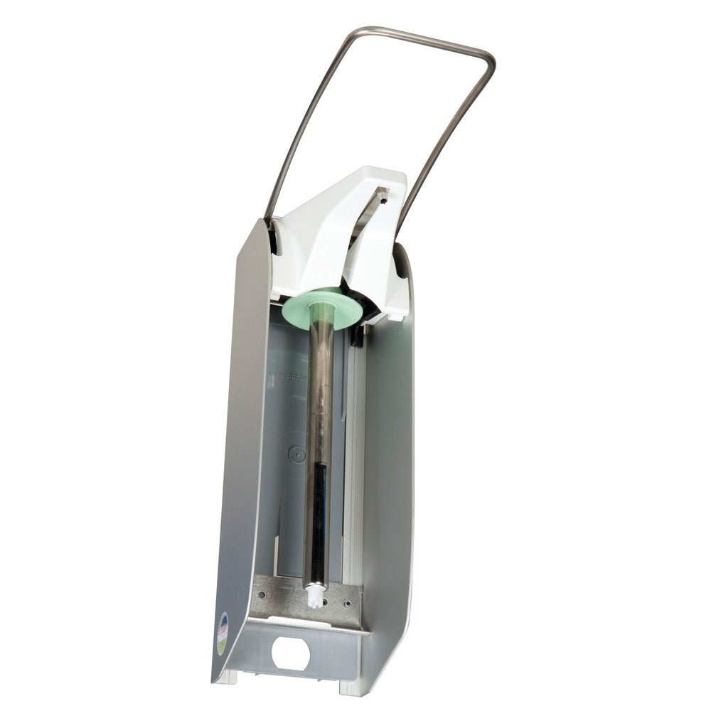 Den Soft Care Man-dispenser i aluminium från Diversey Deutschland GmbH & Co. OHG är en väggmonterad dispenser med lång metallspak och synlig påfyllningsbehållare, kompatibel med 1L Euroflaskor.