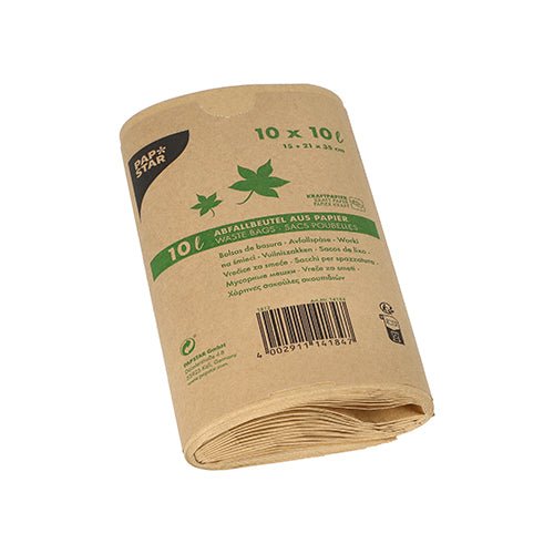 Ett rullat 10-pack PAPSTAR kraftpappersavfallspåsar (10 l, 35x21x15 cm, brun) från PAPSTAR GmbH är försett med ett banderoll med grön text och bladsymboler och märkt som miljövänligt - idealiskt för bioavfall.