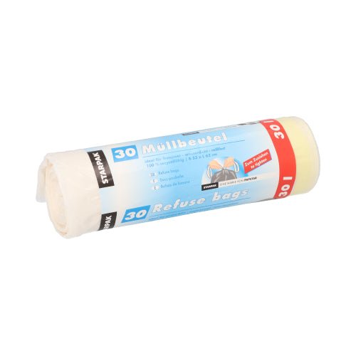 En rulle med 30 Starpak soppåsar med dragsko (62 x 53 cm, LDPE, vit) med ett blå-vitt band med information på tyska/engelska: "Soppåsar", "Refuse bags", "30" och praktisk dragskostängning.