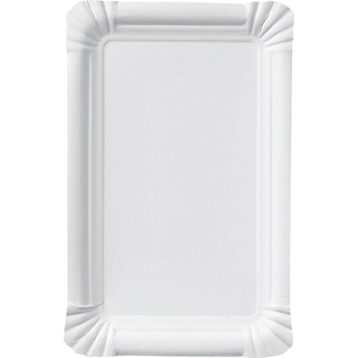 En enkel, rektangulär korvtallrik 13x20 cm av kartong från Duni GmbH med vitt papper och räfflad kant ligger tom på vit bakgrund, stående. Perfekt för catering, tillgänglig i 250-pack.