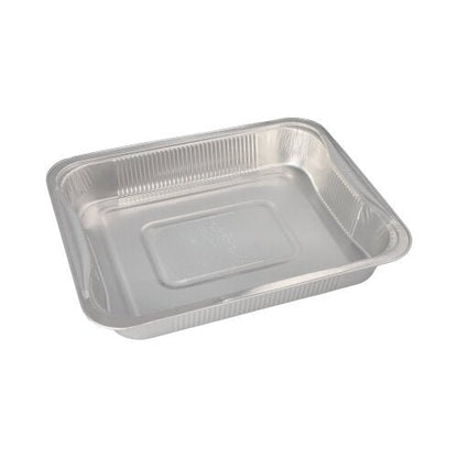 Starpak 3 Gastronorm-behållare är en rektangulär engångsform av aluminium (3,4 l, 5 x 26,2 x 32,2 cm), idealisk för förvaring av mat eller som GN-behållare. Bild tom mot vit bakgrund. 3-pack i krympfolie.