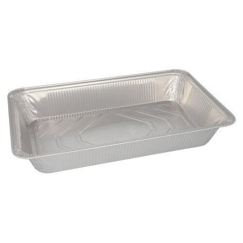 En rektangulär Starpak 3 Gastronorm-behållare, en engångsbakform av aluminium (8,5 l, 8 cm x 32,6 cm x 52,7 cm), tom med upphöjda kanter och platt botten framför en enkel vit bakgrund.