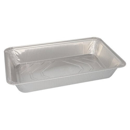 En rektangulär Starpak 3 Gastronorm-behållare, en engångsbakform av aluminium (8,5 l, 8 cm x 32,6 cm x 52,7 cm), tom med upphöjda kanter och platt botten framför en enkel vit bakgrund.
