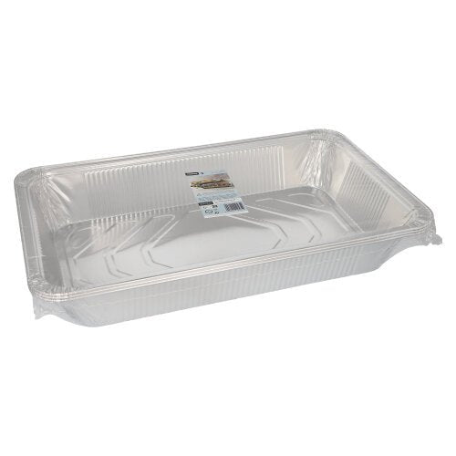 Starpak 3 Gastronorm-behållaren är en rektangulär engångsbehållare av aluminiumfolie (8,5 l, 8 cm x 32,6 cm x 52,7 cm) med upphöjd kant och en produktetikett på insidan, som visas tom på en enkel vit bakgrund (3 stycken, vakuumförpackade).