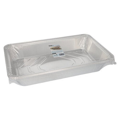 Starpak 3 Gastronorm-behållaren är en rektangulär engångsbehållare av aluminiumfolie (8,5 l, 8 cm x 32,6 cm x 52,7 cm) med upphöjd kant och en produktetikett på insidan, som visas tom på en enkel vit bakgrund (3 stycken, vakuumförpackade).
