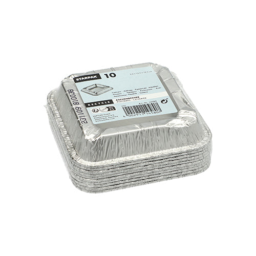 Ein Stapel von 10 Starpak Alu-Aschenbechern (eckig, 2,2x12,5x12,5 cm) ist platzsparend in Schrumpffolie mit Produktetikett (Marke, Menge, Barcode & Recycling-Symbol) verpackt – ideal als praktisches Raucherzubehör.
