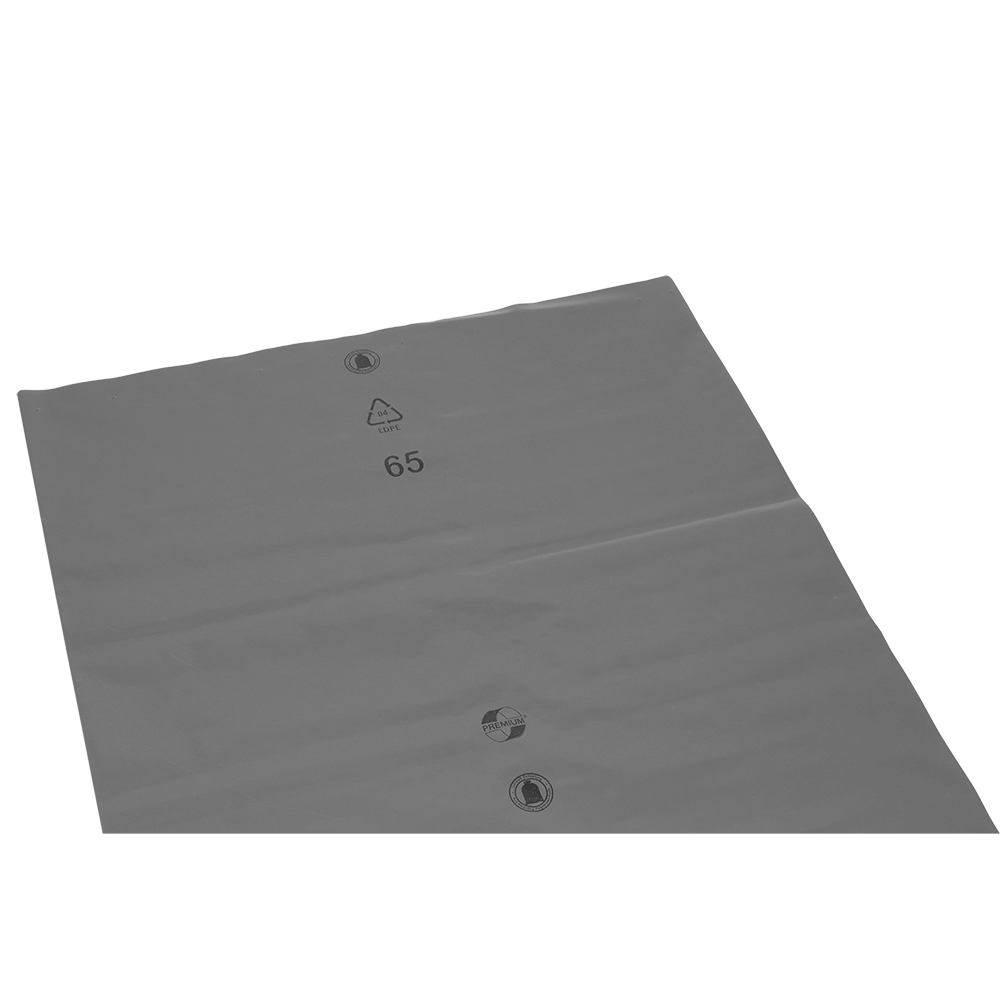 Eine große, flache, graue LDPE-Folie mit Recycling-Symbol und Nummer 65, von EMIL DEISS KG (GmbH + Co.), Teil von DEISS Müllsäcke lose 575x1000x0,01 mm aus LDPE 70 l, liegt auf einem einfarbig weißen Hintergrund.