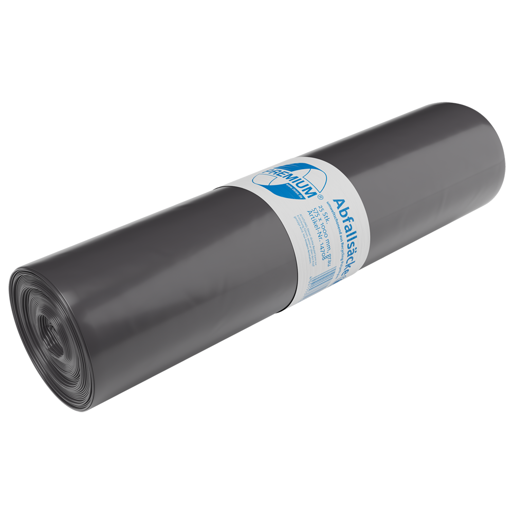 Abgebildet ist ein eng gerollter schwarzer DEISS Müllsack 575x1000x0,06 mm aus Recycling-LDPE 70 l der EMIL DEISS KG (GmbH + Co.) mit weiß-blauem deutschem Etikett auf weißem Grund.