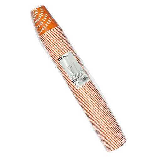 En förpackning med 100 Starpak engångspappbägare (dricksglas för kalla drycker), vardera 100 ml, orange-vit randig, förpackad i genomskinlig plast med en produktinformationsetikett i mitten.