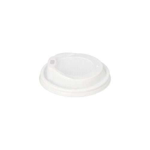 Starpak 100 dom-lock, PS "To Go" rund är ett vitt kaffemuggslock av plast från Starpak med en liten dricköppning, idealisk för varma drycker på språng och avbildad på en enkel vit bakgrund.