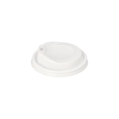 Starpak 100 dom-lock, PS "To Go" rund är ett vitt kaffemuggslock av plast från Starpak med en liten dricköppning, idealisk för varma drycker på språng och avbildad på en enkel vit bakgrund.