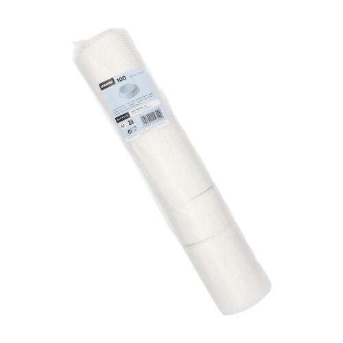 En förseglad plastförpackning med 100 vita Starpak "To Go"-domlock (PS, rund), snett avbildad med synlig produktetikett – idealisk för varma drycker på språng. Märke: Starpak.