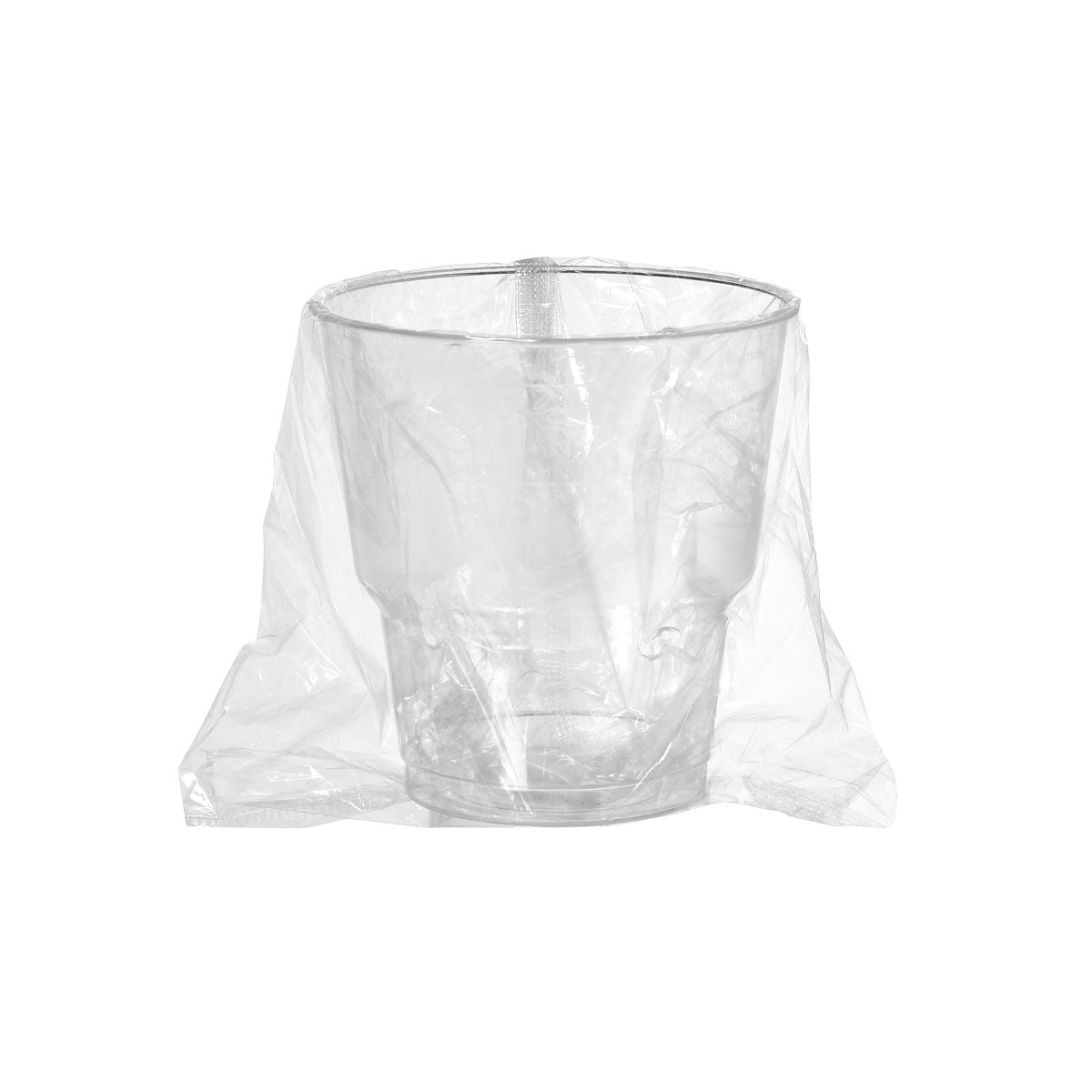 Ett transparent tandborstglas från Duni GmbH (PS, individuellt förpackat för hygien) sitter mitt på en vit bakgrund med en klar plastpåse - idealiskt för stilfull organisering i badrummet.
