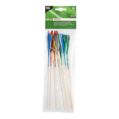 En transparent plastförpackning med 10 PAPSTAR dekorpinnar från PAPSTAR GmbH, var och en med glänsande röda, blå, gröna eller silverfärgade metallfransar. Idealisk för fingerfood, har förpackningen en grön produktinformationsetikett på överkanten.