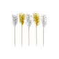 Die PAPSTAR Deko-Picker "Frills" gold/silber (10,5 cm, 30 Stück) der PAPSTAR GmbH sind mit festlichem Gold- und Silbermetallic-Flitter versehen - ideal als Party-Accessoires oder Tischdekoration für Feste, abgebildet auf einem schlichten weißen Hintergrund.