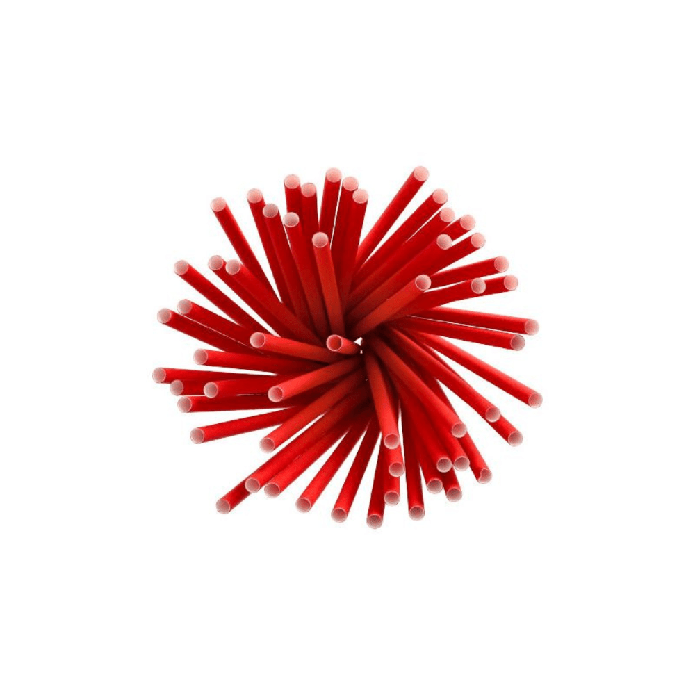 En grupp hållbara röda papperssugrör av märket PAPSTAR Shake-sugrör med en diameter på 8 mm och en längd på 25 cm är cirkulärt arrangerade, med de vita spetsarna pekande utåt.