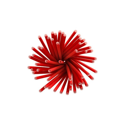 En grupp hållbara röda papperssugrör av märket PAPSTAR Shake-sugrör med en diameter på 8 mm och en längd på 25 cm är cirkulärt arrangerade, med de vita spetsarna pekande utåt.